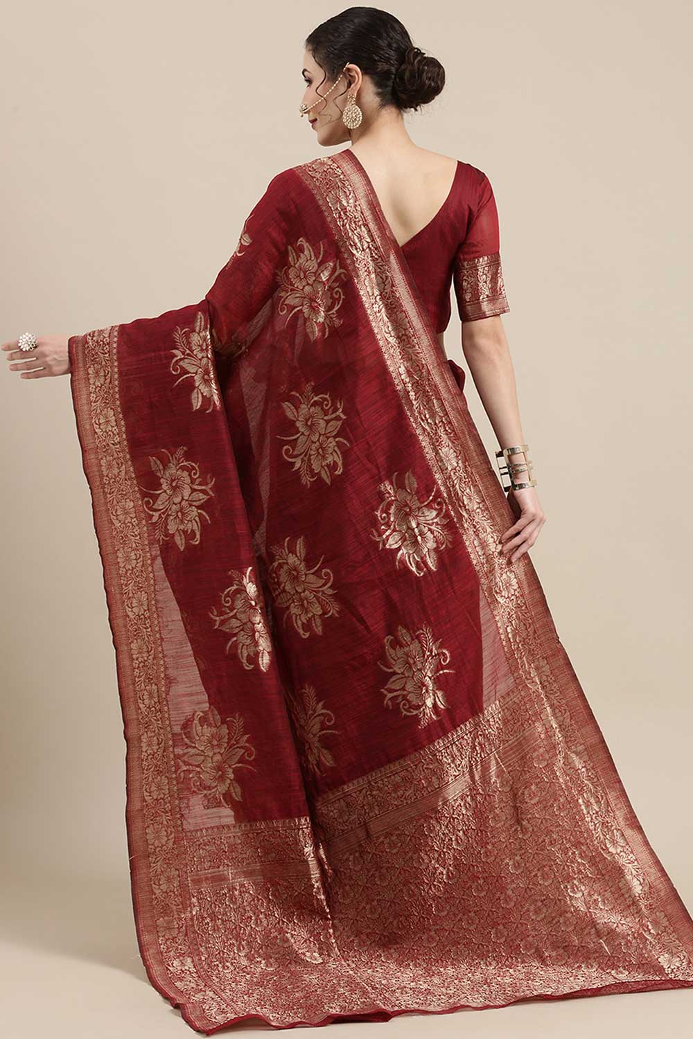 Nabela Burgundy Floral Woven Linen One Minute Saree