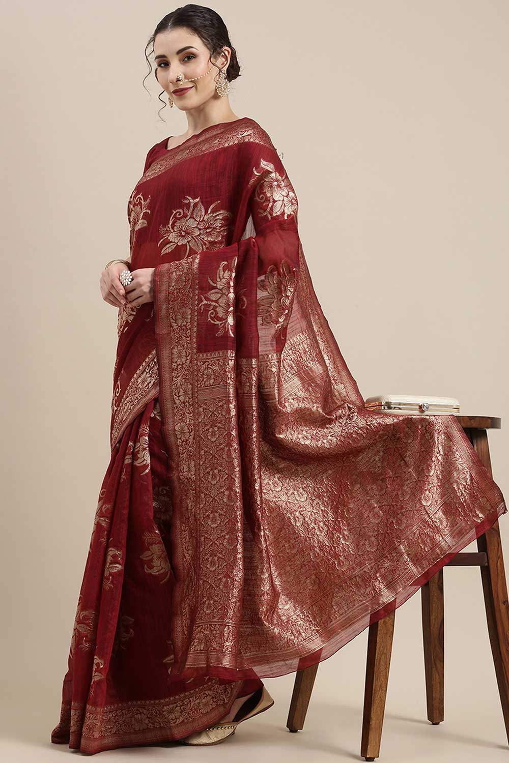 Nabela Burgundy Linen Floral Woven Ready to Wear One Minute Saree