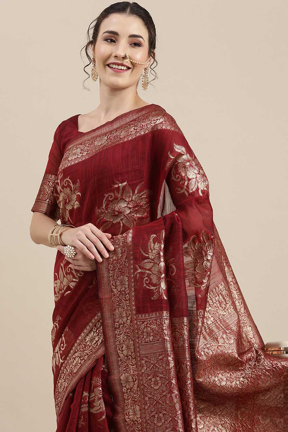 Nabela Burgundy Linen Floral Woven Ready to Wear One Minute Saree