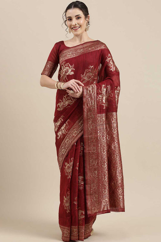 Nabela Burgundy Linen Floral Woven Ready to Wear One Minute Saree