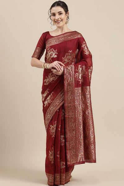 Nabela Maroon Floral Woven Linen One Minute Saree