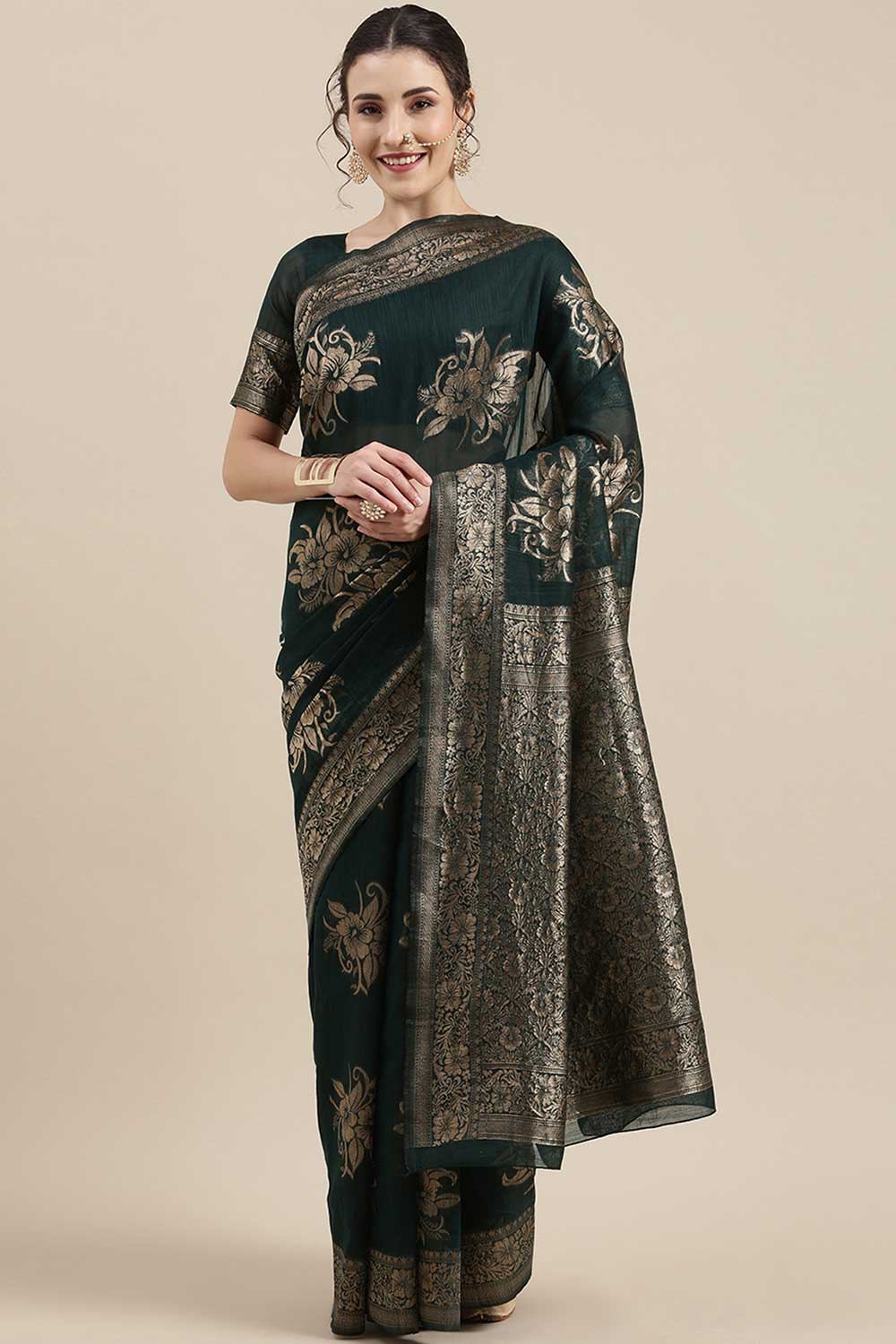 Disha Teal green Floral Woven Linen One Minute Saree