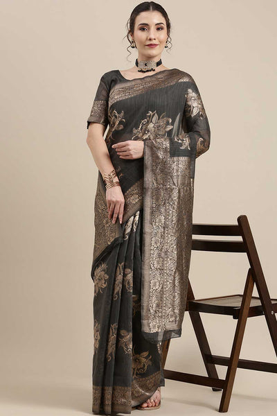 Elaine Grey Floral Woven Linen One Minute Saree