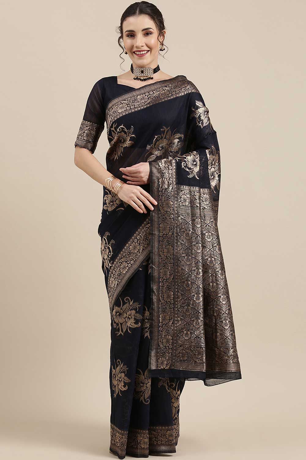 Rina Navy Blue Floral Woven Linen One Minute Saree