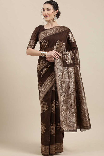 Falsa Brown Floral Woven Linen One Minute Saree