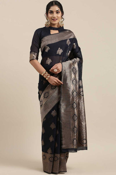 Omala Navy Blue Floral Woven Linen One Minute Saree