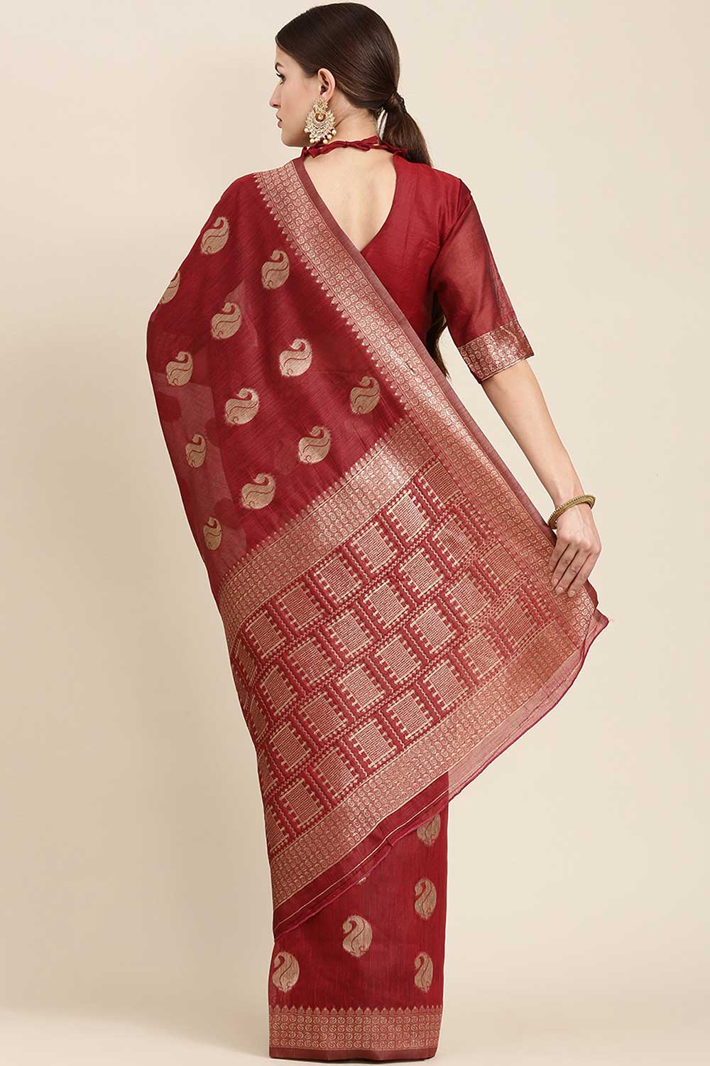 Afsa Maroon Bagh Blended Linen One Minute Saree