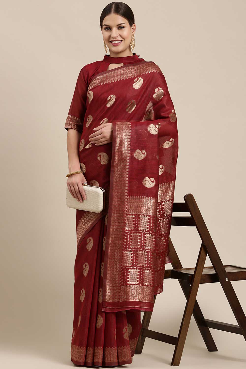 Afsa Maroon Bagh Blended Linen One Minute Saree