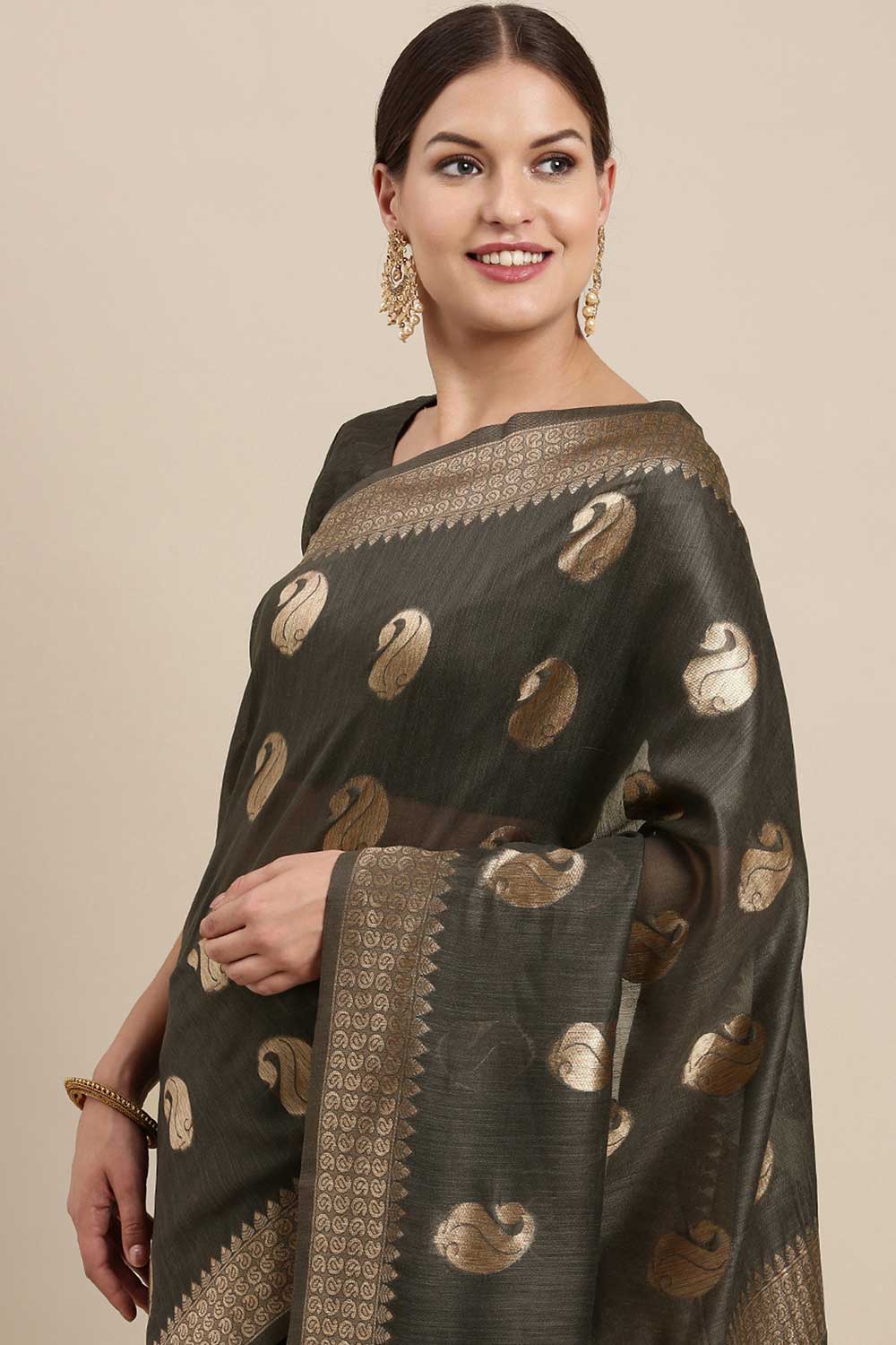 Lana Charcoal Grey Bagh Blended Linen One Minute Saree