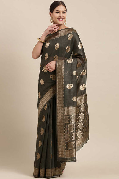 Lana Charcoal Grey Bagh Blended Linen One Minute Saree