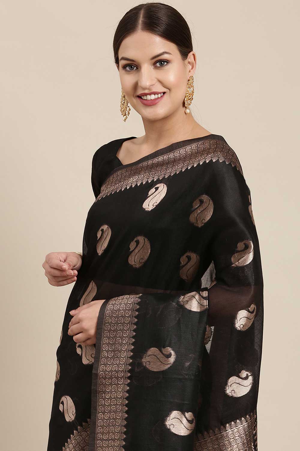 Anji Black Bagh Blended Linen One Minute Saree