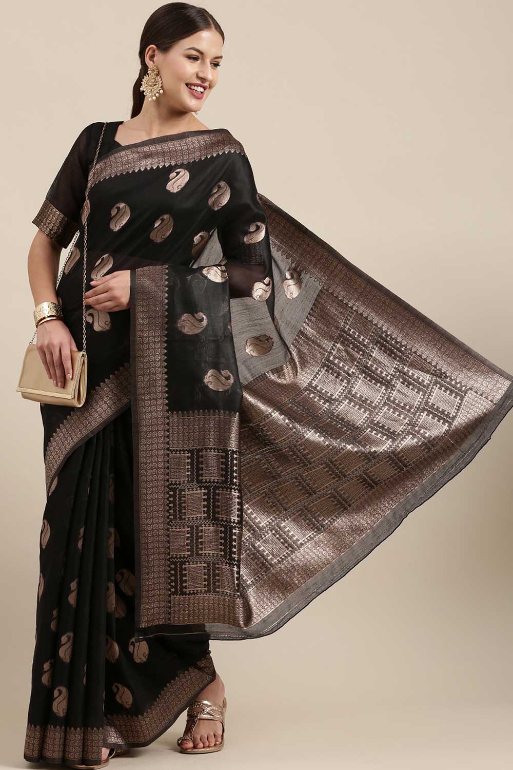 Anji Black Bagh Blended Linen One Minute Saree