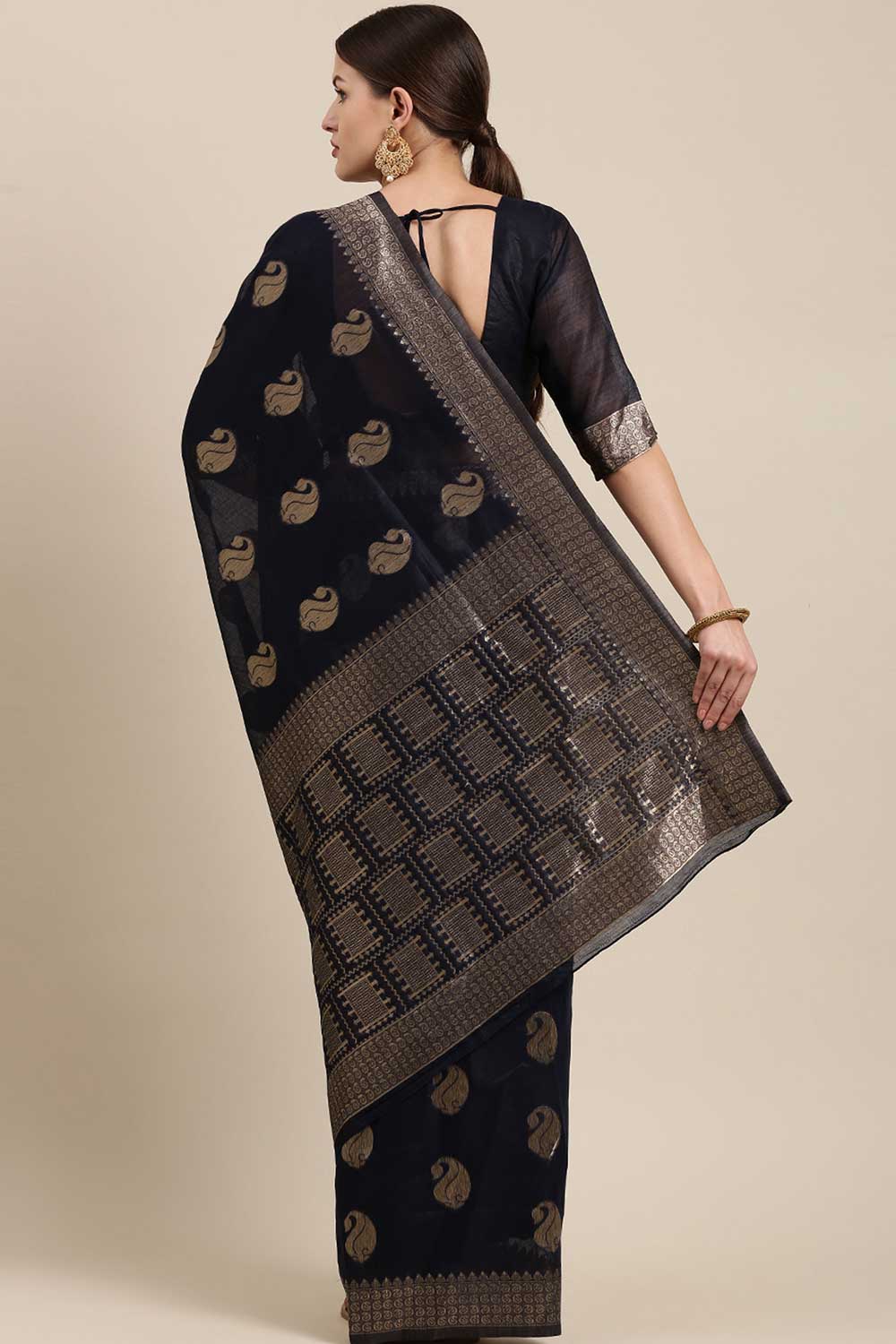 Taara Navy Blue Bagh Blended Linen One Minute Saree