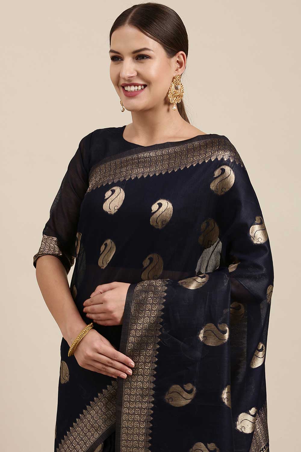 Taara Navy Blue Bagh Blended Linen One Minute Saree