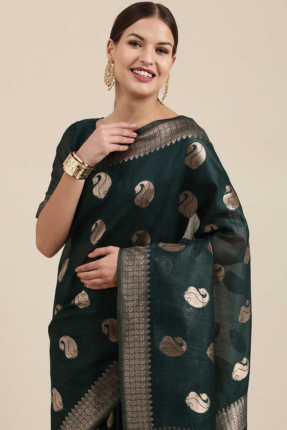 Tanya Teal blue Bagh Blended Linen One Minute Saree