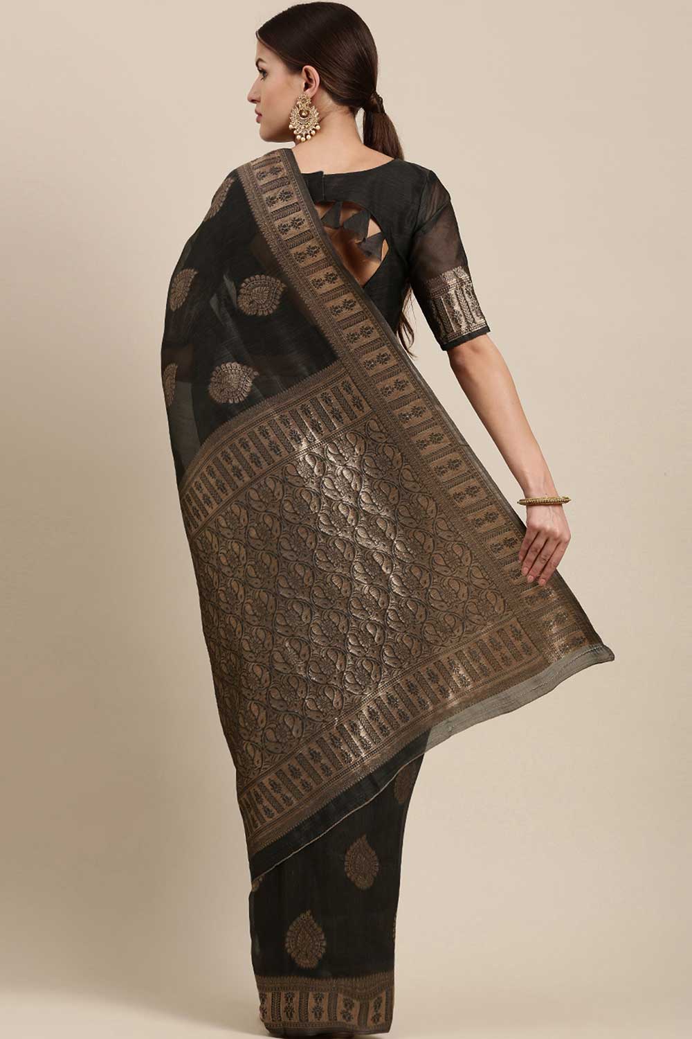 Shubhi Charcoal Grey Bagh Blended Linen One Minute Saree