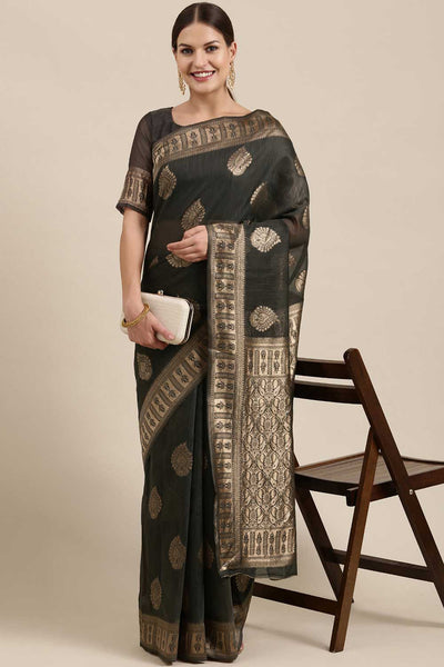 Shubhi Charcoal Grey Bagh Blended Linen One Minute Saree