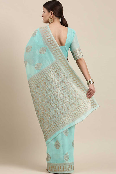 Arielle Sea Green Bagh Blended Linen One Minute Saree