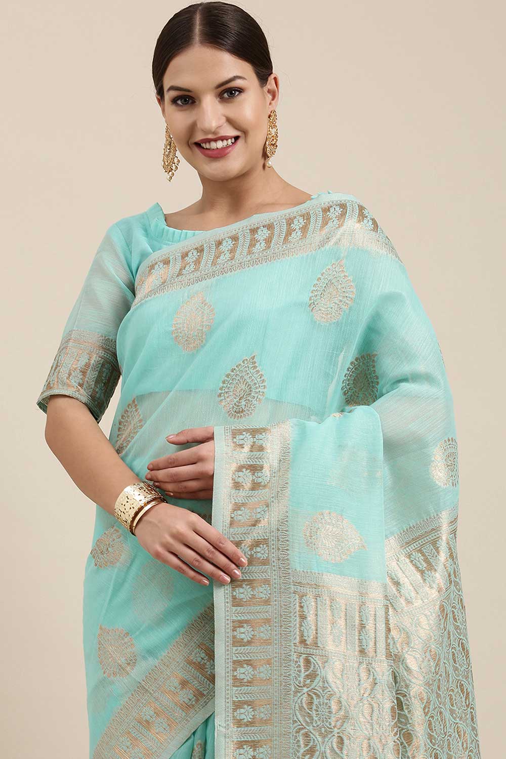 Arielle Sea Green Bagh Blended Linen One Minute Saree