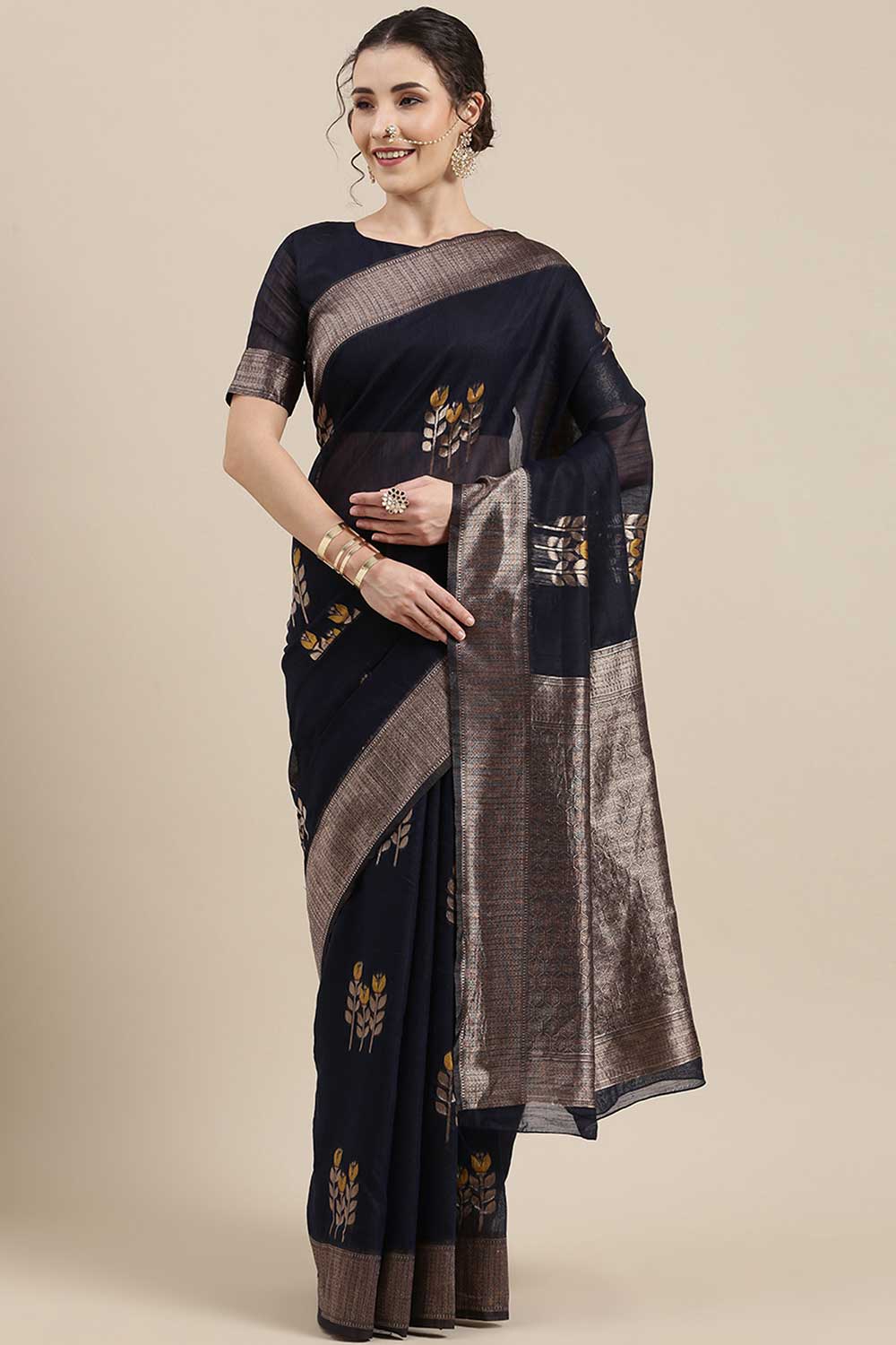 Nisha Navy Blue Floral Woven Linen One Minute Saree