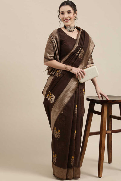 Isha Brown Floral Woven Linen One Minute Saree