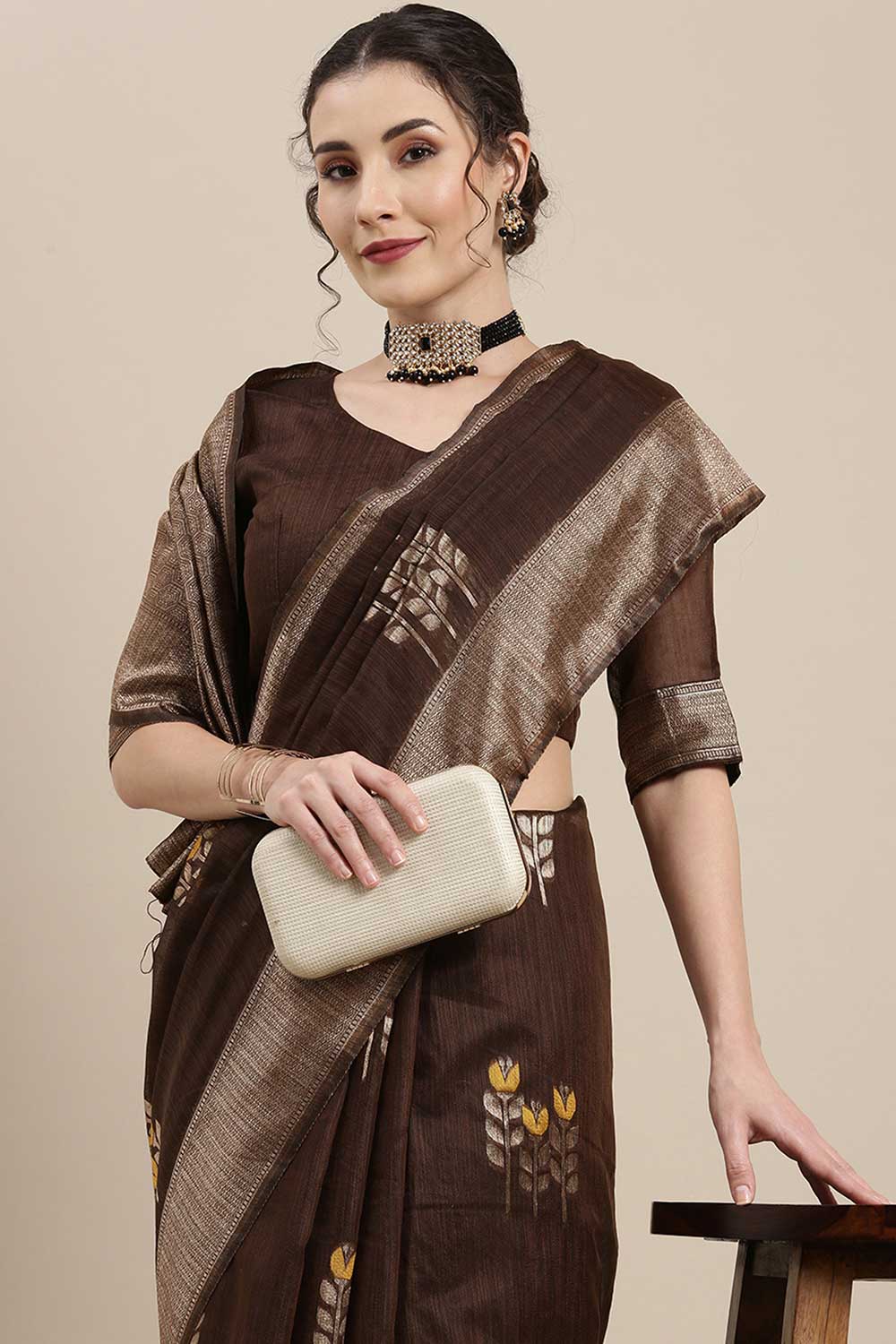 Isha Brown Floral Woven Linen One Minute Saree