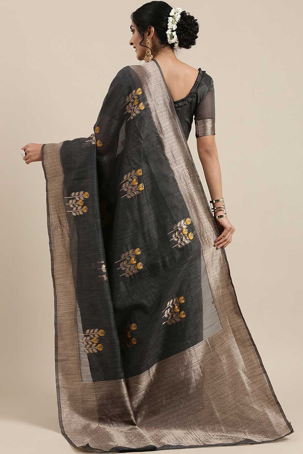 Zohra Grey Floral Woven Linen One Minute Saree