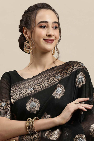 Buy Black Zari Woven Linen One Minute Saree Online - Front