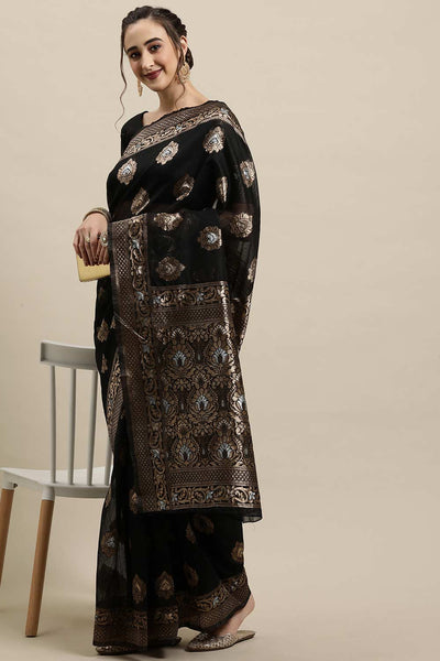 Buy Black Zari Woven Linen One Minute Saree Online - Zoom In
