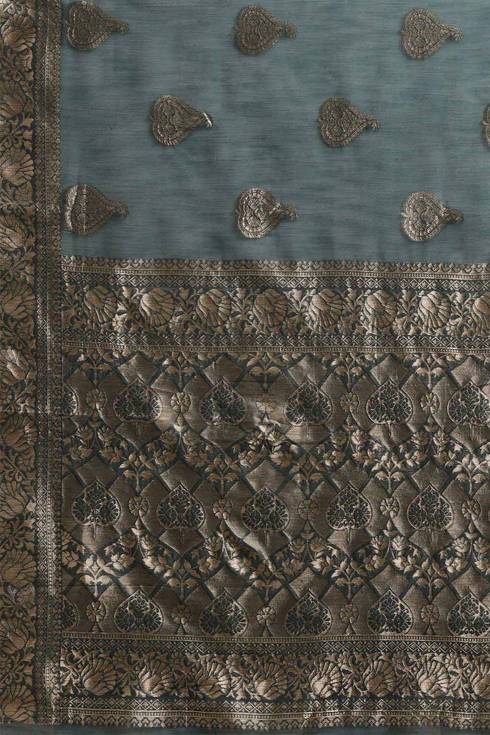 Buy Teal Blue Zari Woven Linen One Minute Saree Online - Side