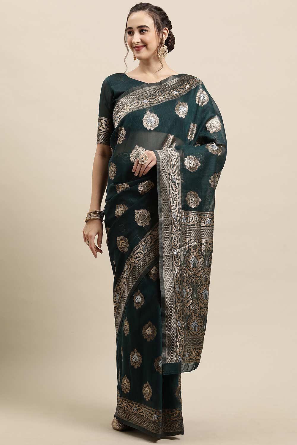 Buy Teal Blue Zari Woven Linen One Minute Saree Online