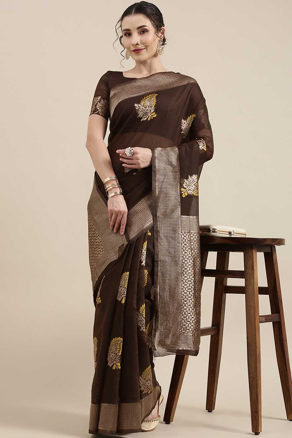 Fiona Brown Floral Woven Linen One Minute Saree