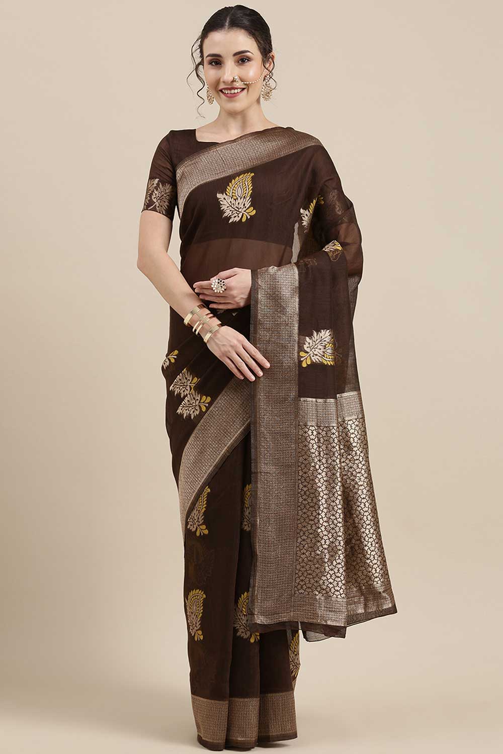 Fiona Brown Floral Woven Linen One Minute Saree