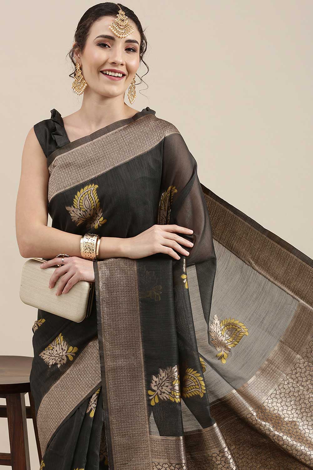 Hannah Grey Floral Woven Linen One Minute Saree