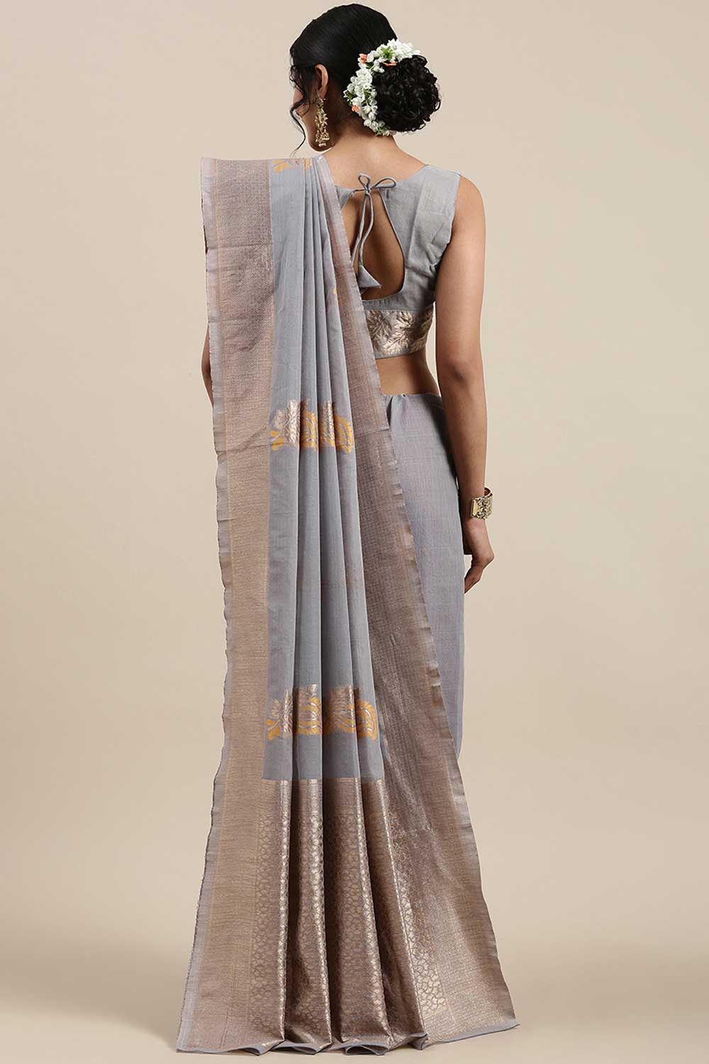 Lina Grey Floral Woven Linen One Minute Saree