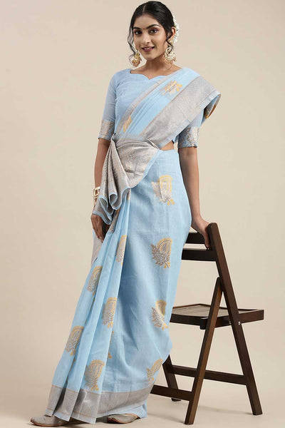 Pauline Turquoise Floral Woven Linen One Minute Saree