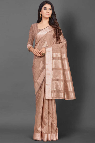 Chayya Brown Linen Geometric Woven Design Banarasi One Minute Saree