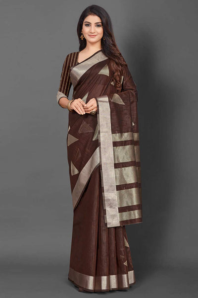 Esha Brown Linen Geometric Woven Design Banarasi One Minute Saree