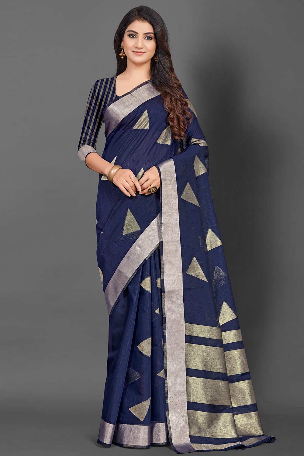 Navy Blue Linen Geometric Woven Design Banarasi One Minute Saree