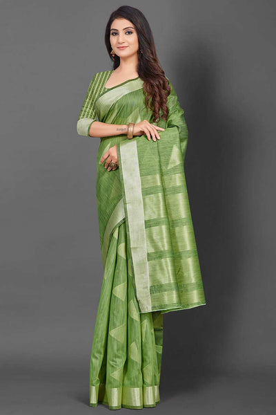 Payal Green Linen Geometric Woven Design Banarasi One Minute Saree