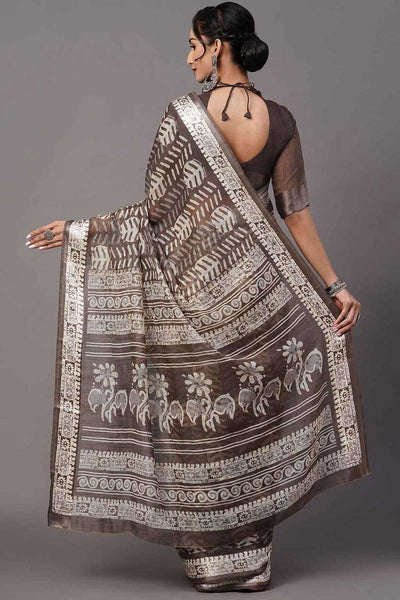 Sayna Cotton Blend Brown Printed One Minute Saree