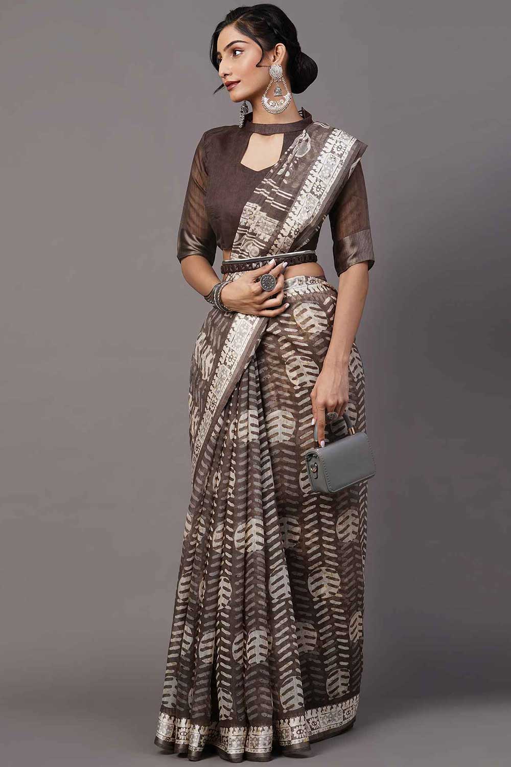 Sayna Cotton Blend Brown Printed One Minute Saree