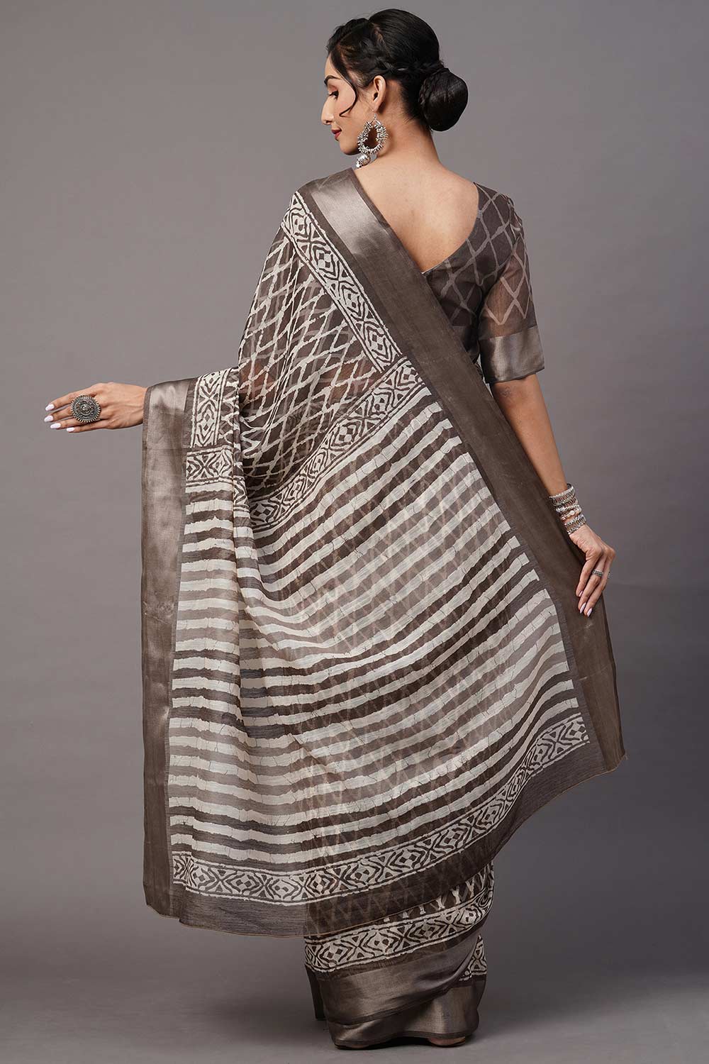 Corrine Cotton Blend Charcoal Grey Printed One Minute Saree