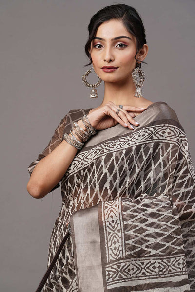 Corrine Cotton Blend Charcoal Grey Printed One Minute Saree