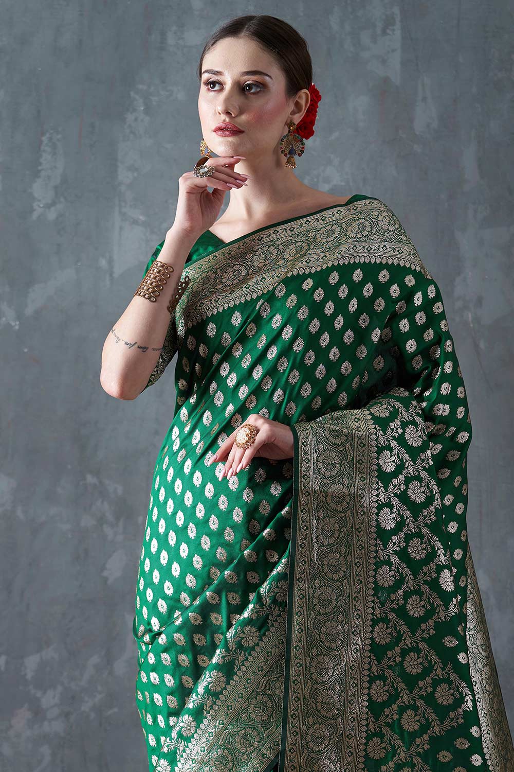 Angelina Green Silk Blend Kanjivaram One Minute Saree