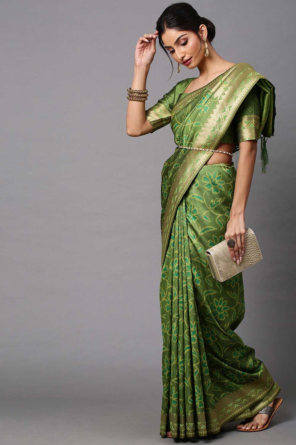 Ojas Olive Abstract Print Cotton Silk One Minute Saree