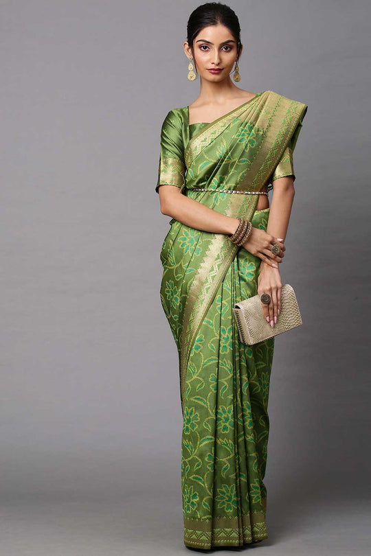 Ojas Olive Abstract Print Cotton Silk One Minute Saree