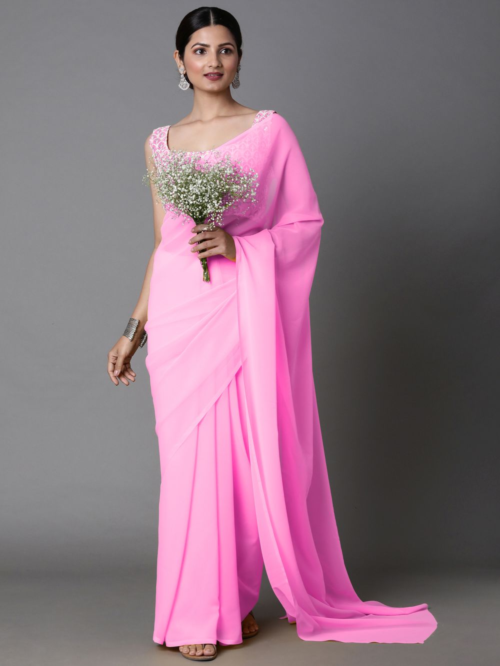 Tulsi Pink Georgette Plain One Minute Saree