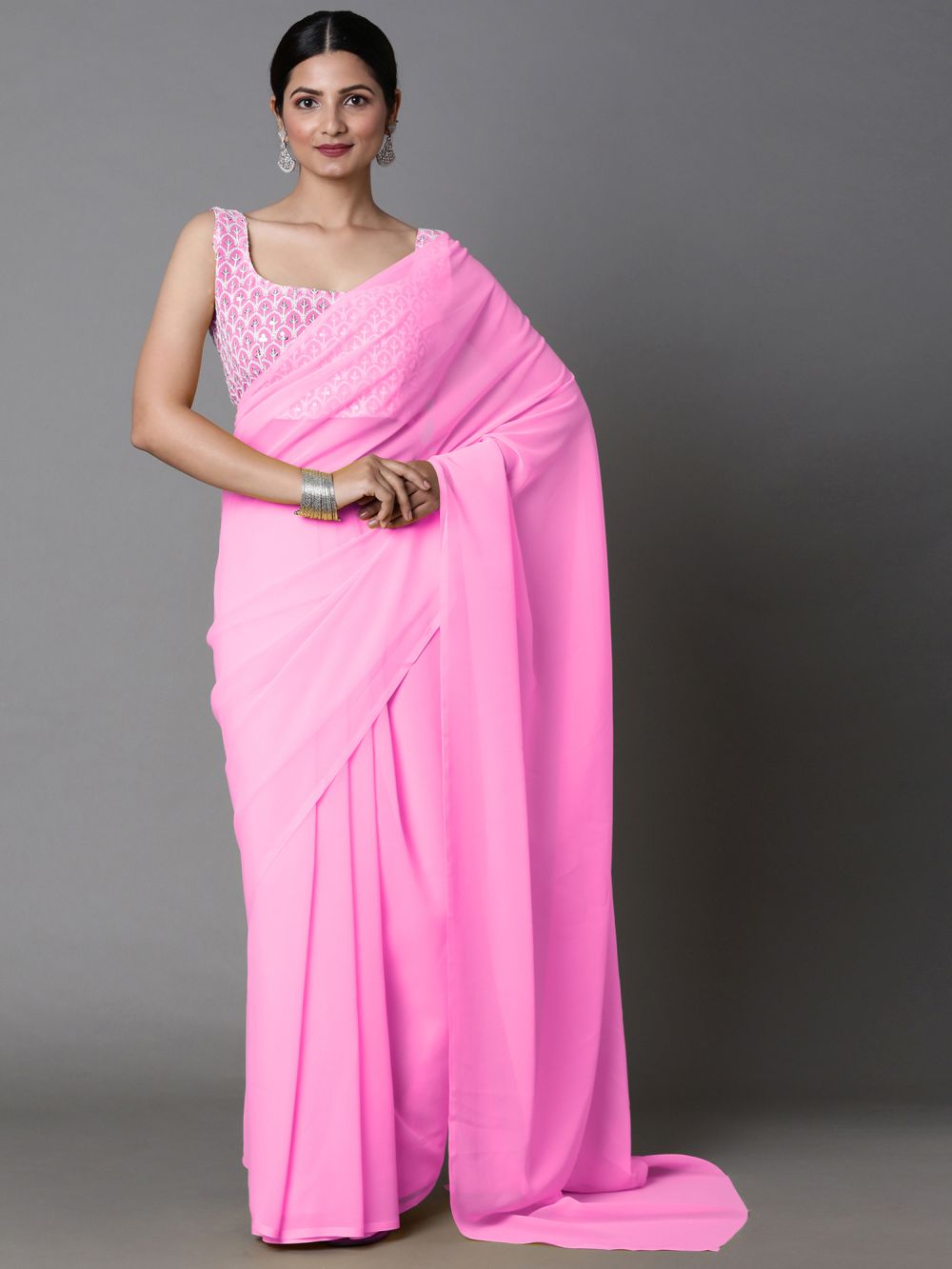 Tulsi Pink Georgette Plain One Minute Saree