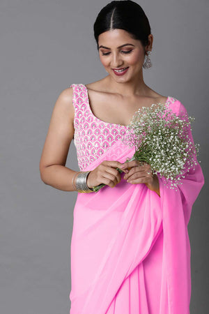 Tulsi Pink Georgette Plain One Minute Saree